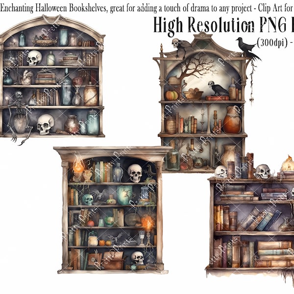 Magical Halloween Bookcase - Bookshelf PNG's for Cards, Invitations, Prints, Scrapbooking, Journaling, Commercial Use, (300dpi) Fantasy Art