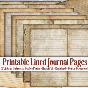Könnte beinhalten: Ein Stapel bedruckbarer Journalseiten im Vintage-Stil. Die Seiten haben ein abgenutztes, gealtertes Aussehen mit sichtbaren Linien zum Schreiben. Der Text "Printable Lined Journal Pages" ist zu sehen.