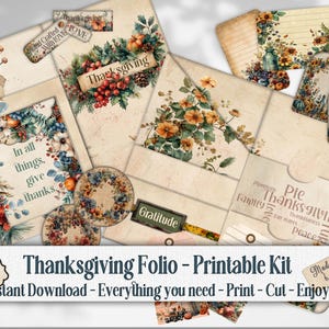 Thanksgiving Junk Journal Folio Kit, afdrukbare zakken, kortstondige, citaten tags portfolio, papieren invoeging, seizoensgebonden plakboek, dankbaarheidsdagboek
