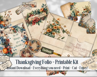 Thanksgiving Junk Journal Folio Kit, afdrukbare zakken, kortstondige, citaten tags portfolio, papieren invoeging, seizoensgebonden plakboek, dankbaarheidsdagboek
