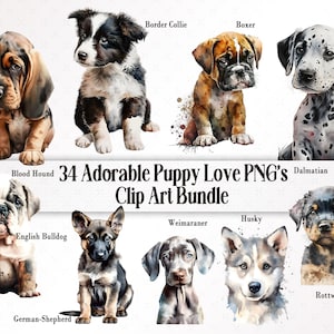 Lot de 34 images clipart chiot, limier, dalmatien, berger allemand, boxer, border collie, bouledogue anglais, braque de Weimar, rottweiler, husky