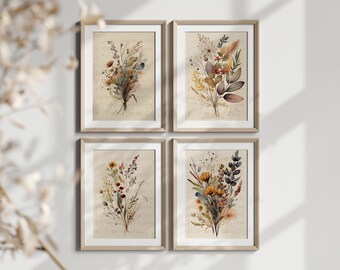 Vintage Wildflower Watercolor Prints - Antique Bouquet Set of 4 Digital Downloads for Home Decor, Wall Art with Natural Charm, Vintage Tones