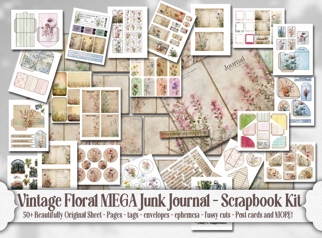 Floral Shabby Chic Vintage Junk Journal Kit, Nostalgic Charm Flower ...