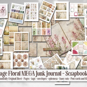 Floral Shabby Chic Vintage Junk Journal Kit, Nostalgic Charm Flower Scrapbook Ephemera, Printable Floral Garden Planner, Craft supply ideas