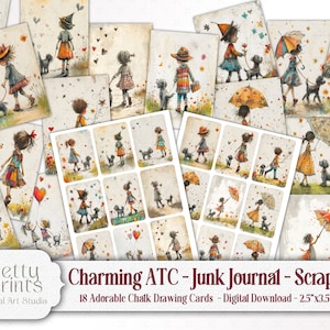 Fofo - ATC - Junk Journal - Scrapbook Fun Whimsical Child and Dog Illustartions - Kit de folhas para impressão ATC - Colagem - Melhores cartões feitos à mão