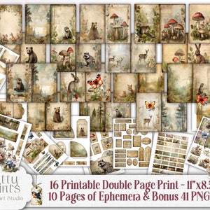 Secret Woodland Animal Junk Journal Kit, Printable Otters, Bears, Deer, Butterflies Paper, 100+ Ephemera Embellishments, PNG’s Craft Supply