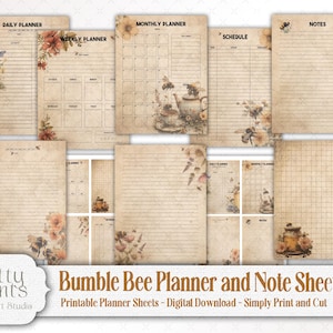 May include: Printable planner sheets with a vintage aesthetic featuring a bumble bee theme. The sheets include a daily planner, weekly planner, monthly planner, schedule, and notes pages. The design features a light brown background with floral accents and a grid pattern.