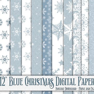 Blaue Weihnachten Schneeflocke Junk Journal Scrapbook Digital Collage Papier, Blaues festliches Winter Sammelalbum Printable 12 in Urlaub Kraftpapier