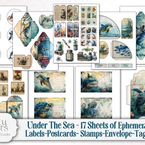 Under The Sea Junk Journal Scrapbook Mega Kit - Ocean Life Printable Bundle - Whales, Shark, Turtles, Dolphins, Sea Lions, Jelly Fish, Crabs, Octopus, coral