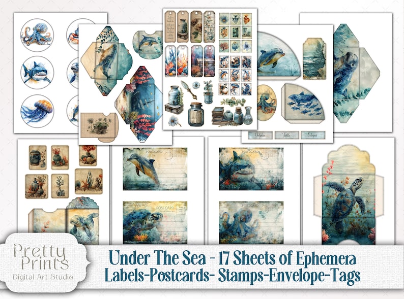 Under The Sea Junk Journal Scrapbook Mega Kit - Ocean Life Printable Bundle - Whales, Shark, Turtles, Dolphins, Sea Lions, Jelly Fish, Crabs, Octopus, coral