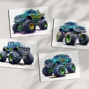 4 Monstertruck Clipart PNGs: Druckbare digitale Bilder, Druck, Scrapbook, Collage, Junk-Journal, kommerzielle Nutzung, große Räder, Extremsport