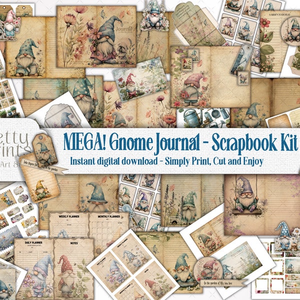 MEGA Garden Gnome Junk Journal Kit, Enchanted Gardening Gnome Scrapbook, Gnome Themed Ephemera, Pages, Postcards, Labels, Pockets, Stamps