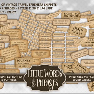 Puede incluir: Una colección de recortes de efemérides de viajes vintage, que incluyen etiquetas y boletos con frases como "Ticket to Adventure" y "Wander". El diseño presenta un tono sepia, evocando una sensación nostálgica. El conjunto incluye 6 hojas, tamaño carta 27,9 cm x 21,6 cm, A4 y archivos PDF.