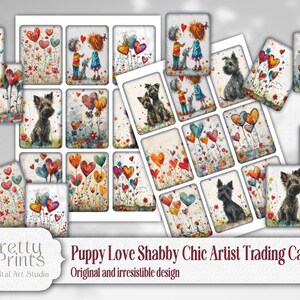 Puppy Love Hearts Künstler-Sammelkarten - Shabby Chic ATC Druckbare Blätter - Liebe und Herzen Scrapbook - Collage - Hund ATC - Junk Journal