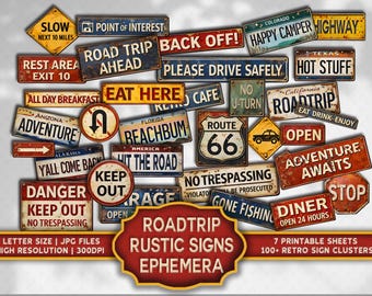 Metal Sign Road Trip Ephemera - Stickers: Retro Adventure Junk Journal - Scrapbook Fussy Cuts - Print and Cut Paper Craft - Digital Download
