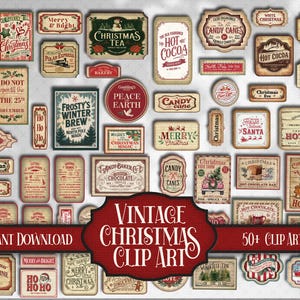 May include: A selection of vintage Christmas clip art images. The designs feature various festive labels and signs with text such as "Merry Christmas," "Hot Cocoa," and "Candy Canes." The colour palette includes red, green, and cream.