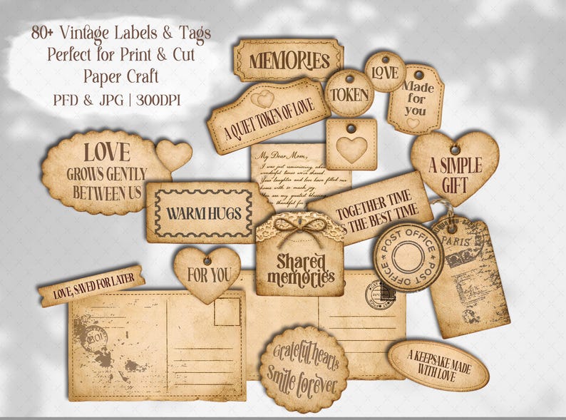 Vintage Sepia Collection of Meaningful Words, Quotes and Phrases to tuck away and add a touch of whimsy to your junk journal, scrapbook or creative paper projects. 
Printable Ephemera pack for Card making, Collage, and Clusters. Vintage-inspired tickets, stubs, tags, and various Shabby-style labels, fussy cuts, embellishments - Perfect for crafting and print and cut projects.