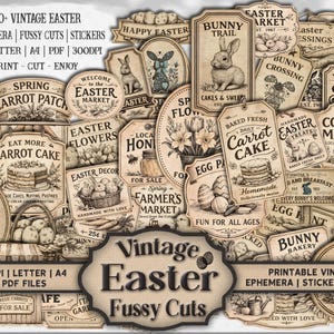 Può includere: Una collezione di elementi effimeri, ritagli e adesivi vintage a tema pasquale. I disegni includono conigli, carote, uova ed elementi floreali. Il testo include frasi come "Buona Pasqua".