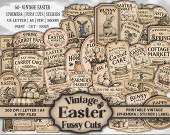May include: A collection of vintage Easter-themed ephemera, fussy cuts, and stickers. The designs include rabbits, carrots, eggs, and floral elements. The text includes phrases like "Happy Easter" and "Carrot Cake".