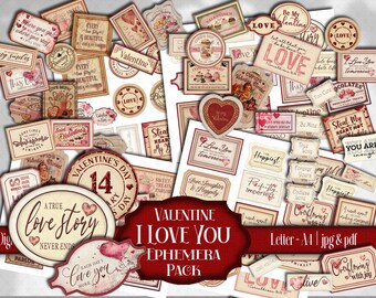 Cartelli e etichette vintage "Ti amo": scrapbooking di San Valentino con ritagli elaborati per lavori di carta - Download digitale