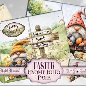 Easter Gnome Folio Kit, Junk Journal Afdrukbare Gonk Pockets & Ephemera, Voorraad kaarten maken, Knutselinzetstuk, Digitale plakboekversieringen
