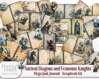 Medieval Dragons and Knights Fantasy Junk Journal Pack: Printable Scrapbook Papers, Ephemera, Fussy Cut, Labels and MORE! Digital Download