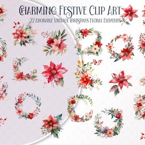 Pacote com 22 clipart de aquarela floral de poinsétia de Natal para impressão, decoração festiva para feriados, cartões feitos à mão, decorações, etiquetas para presentes
