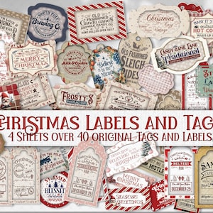 Vintage Shabby Chic Kerstcadeaukaartjes Etiketten, Efemere Feestdagen Knutselideeën, ouderwetse bordetiketten, Afdrukbare benodigdheden Scrapbook Journal