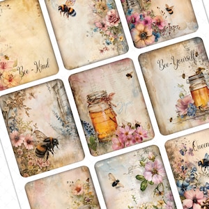 Puede incluir: Nueve cuadrados de papel digital para scrapbooking con una estética vintage que presenta abejas, flores y tarros de miel. Los cuadrados tienen texto que dice "Bee-Kind", "Bee-Yourself" y "Queen-Bee".