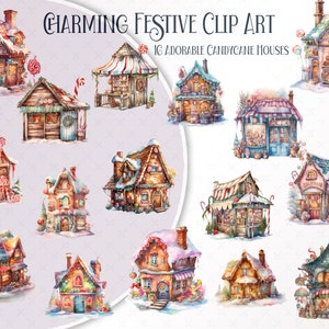 16 adorabili e dolci casette di bastoncini di zucchero natalizi innevati - Download di clip art, decorazioni festive, cartoline fatte a mano, decorazioni e etichette regalo,