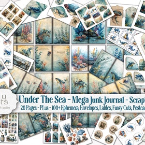 Ocean Life Under The Sea Junk Journal Scrapbook Mega Kit Printable Bundle, Whales, Shark, Turtles, Dolphins, Sea Lions, Jelly Fish, Octopus