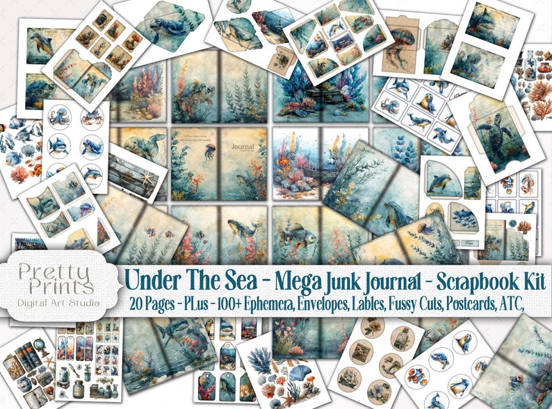 Under The Sea Junk Journal Scrapbook Mega Kit - Ocean Life Printable Bundle - Whales, Shark, Turtles, Dolphins, Sea Lions, Jelly Fish, Crabs, Octopus, coral
