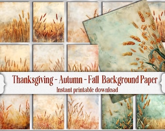 Könnte beinhalten: Ein Set mit 10 digitalen Papieren mit einem Aquarellhintergrund und Weizenähren in Braun-, Beige- und Grüntönen. Die Papiere sind perfekt für Scrapbooking, Kartenherstellung und andere Bastelprojekte. Thanksgiving - Herbst - Herbst Hintergrundpapier Sofortiger druckbarer Download.