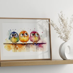 Pájaros lindos en una línea Ilustración imprimible de acuarela vibrante - impresiones infantiles, pared de la galería, decoración linda del hogar, cartel de pájaro brillante.