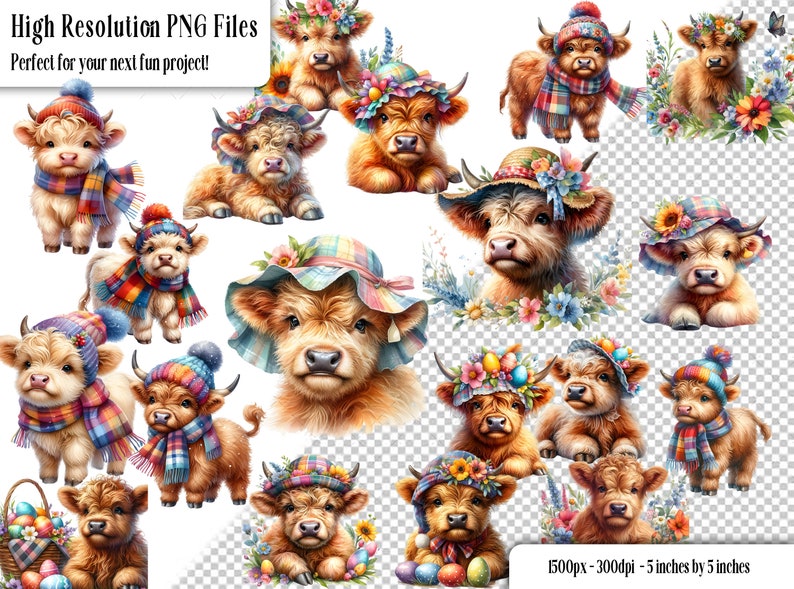 36 Cute Seasonal Highland Cow PNG Clip Art Bundle, Instant Printable ...