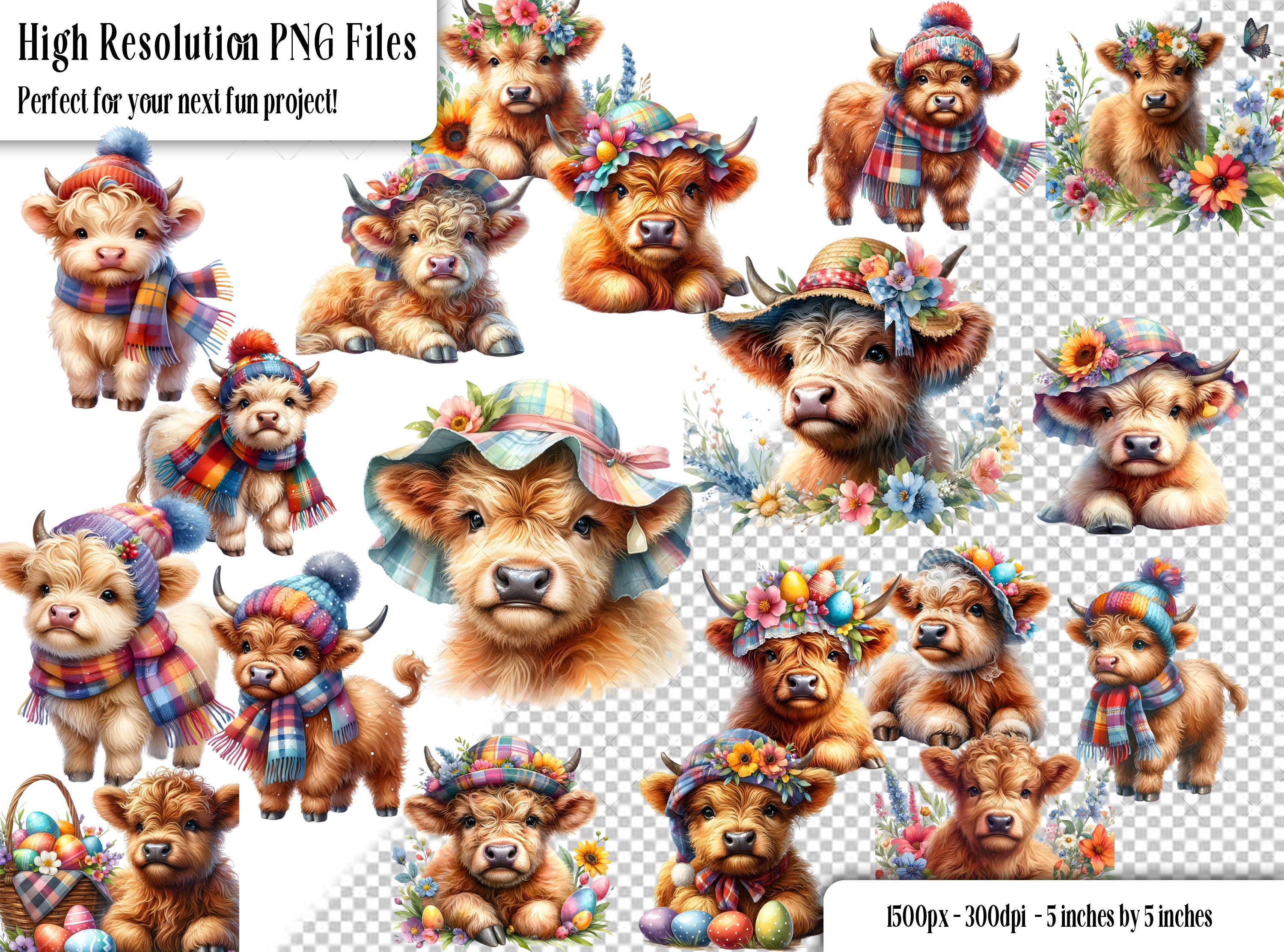 36 Cute Seasonal Highland Cow PNG Clip Art Bundle, Instant Printable ...