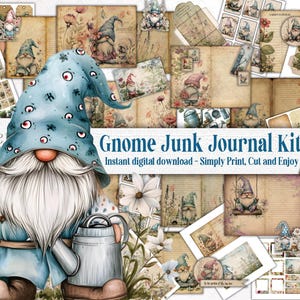 Cute Gnome Junk Journal Scrapbook Kit, Summer Garden Printable, Scandinavian Gonk Floral Pre made Pages, Ephemera, Digital Paper, DIY Craft