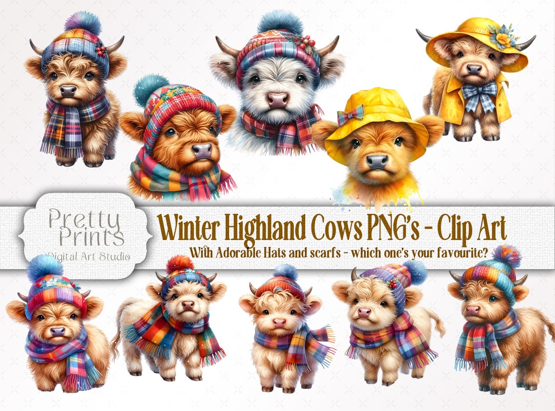 10 Cute Cozy Winter Highland Cow PNG Clip Art Bundle, Instant Digital ...