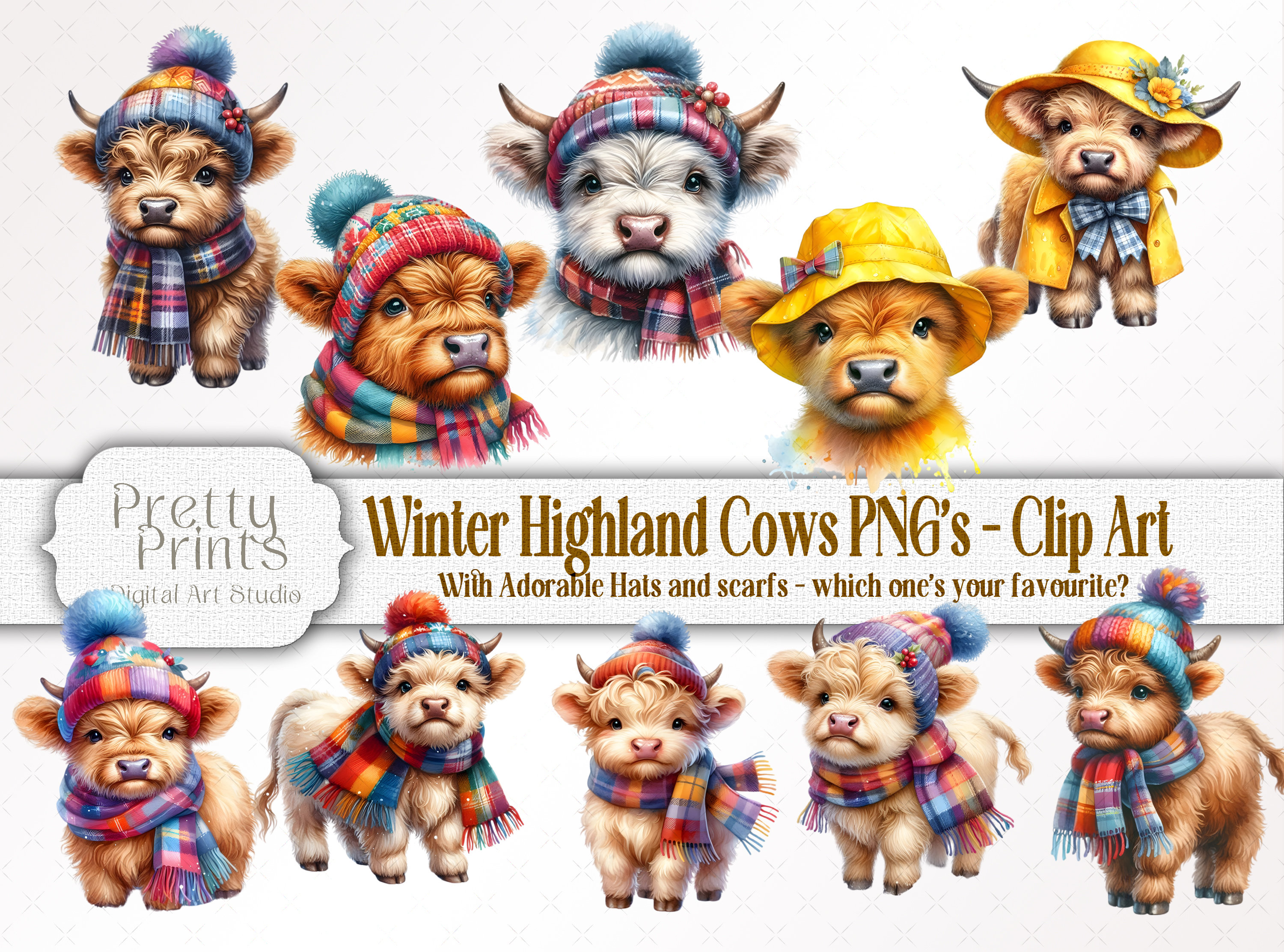 10 Cute Cozy Winter Highland Cow PNG Clip Art Bundle, Instant Digital ...