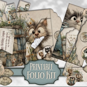 Folding Junk Journal Folio Kit, Afdrukbaar Kitty Keepsake Gift, Craft Supply, Katachtige Ephemera, Digitaal Plakboek, Papieren insteekkaarten maken