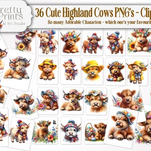 Paquete de 36 imágenes prediseñadas PNG de vacas de las tierras altas de temporada, descarga imprimible instantánea, material efímero para álbumes de recortes, pegatinas de collage, suministros para manualidades de diario basura