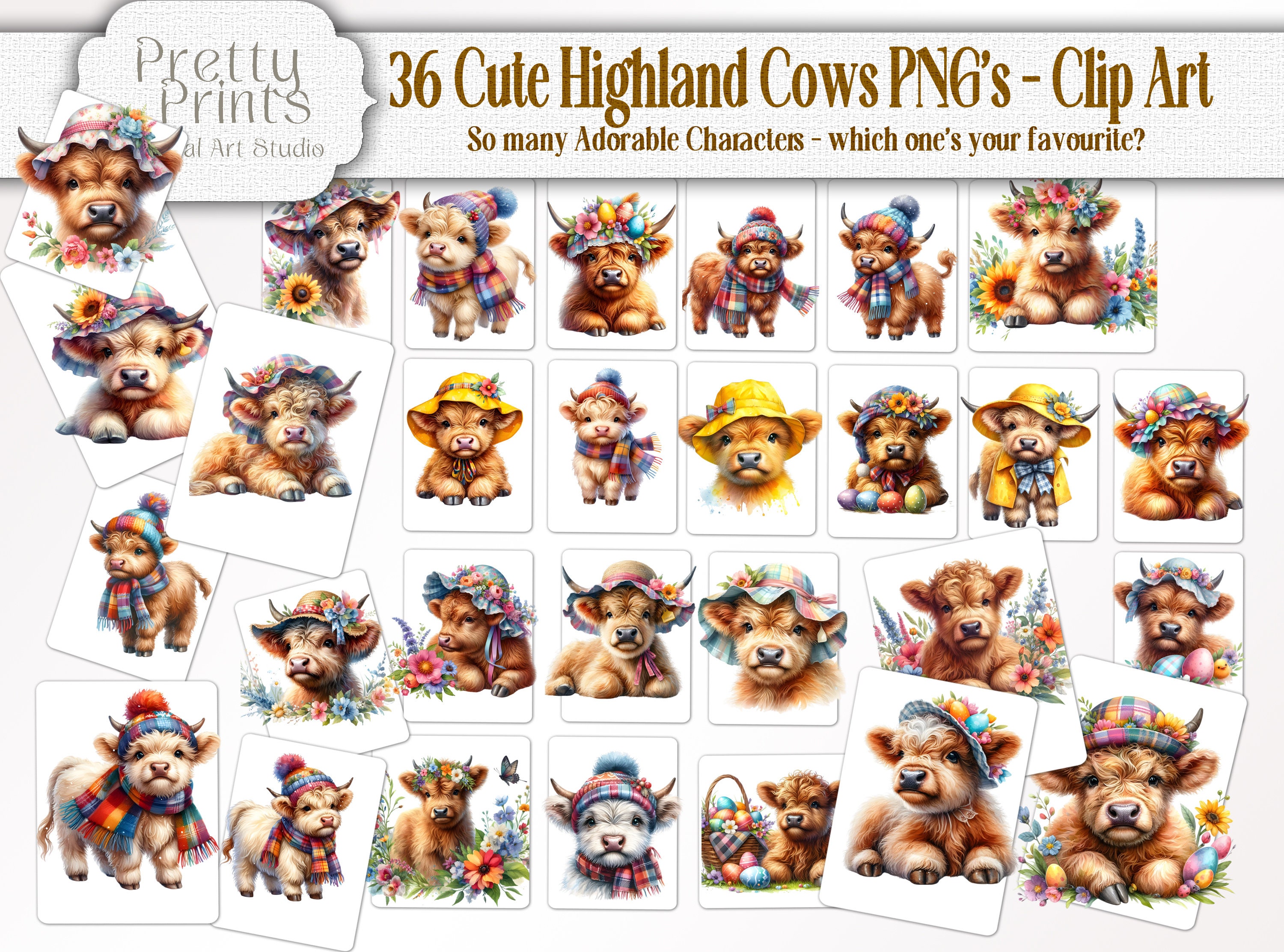 36 Cute Seasonal Highland Cow PNG Clip Art Bundle, Instant Printable ...