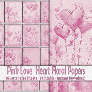 Papel para álbum de recortes con forma de corazón de amor caprichoso de color rosa - Papel para manualidades con collage de San Valentín Shabby Chic - Tamaño carta