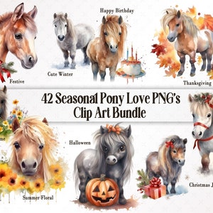 42 Pony Seizoensgebonden Clip Art Pack, Digital Scrapbook Junk Journal Supply, Card Making Paper Craft, Feestelijk paard, decoupage, collage en sticker