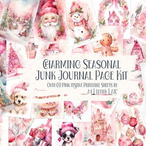 Mais de 60 páginas rosa de lixo eletrônico de Natal, folhas ATC imprimíveis para álbum de recortes, colagem digital, kit de coisas efêmeras rosa, download de férias vintage