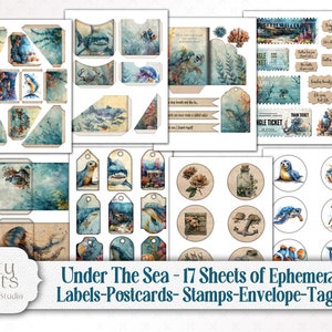 Under The Sea Junk Journal Scrapbook Mega Kit - Ocean Life Printable Bundle - Whales, Shark, Turtles, Dolphins, Sea Lions, Jelly Fish, Crabs, Octopus, coral