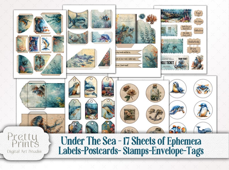 Under The Sea Junk Journal Scrapbook Mega Kit - Ocean Life Printable Bundle - Whales, Shark, Turtles, Dolphins, Sea Lions, Jelly Fish, Crabs, Octopus, coral