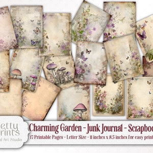 Shabby Chic Garden Junk Journal Printable Stationary Pack, Enchanted Garden Mushrooms, Toadstools, Floral, Butterflies, Scrapbook Background