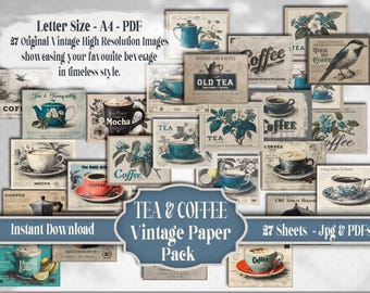 Vintage Coffee and Tea Paper Pack: Retro Cafe Sign Printable High Resolution Letter Size | A4 | PDF (Digital Download)