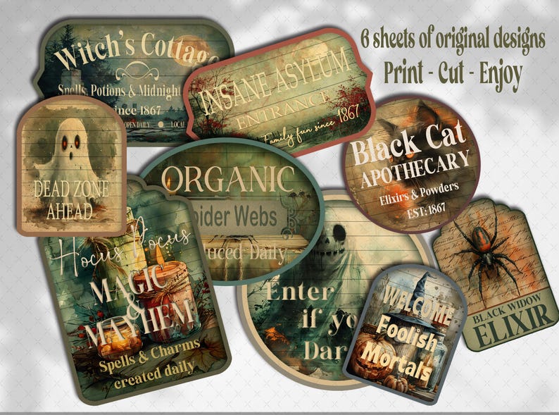 Halloween Vintage Sign & Label Kit: Haunted Junk Journal Fussy Cuts ...